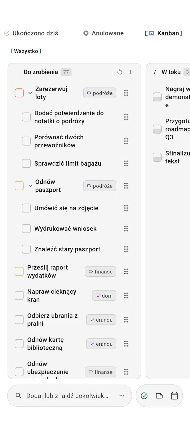 Widok tablicy kanban TaskForge Android pokazujący wizualną organizację zadań zoptymalizowaną dla dotykowego interfejsu Android