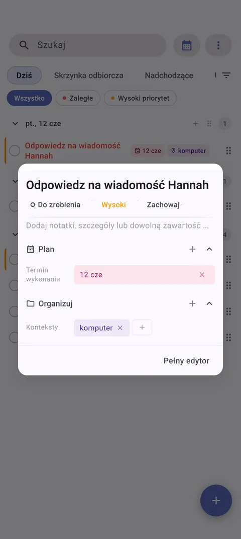 Interfejs zarządzania zadaniami TaskForge Android pokazujący zaawansowane możliwości edycji z natywnymi kontrolkami Android i Material Design