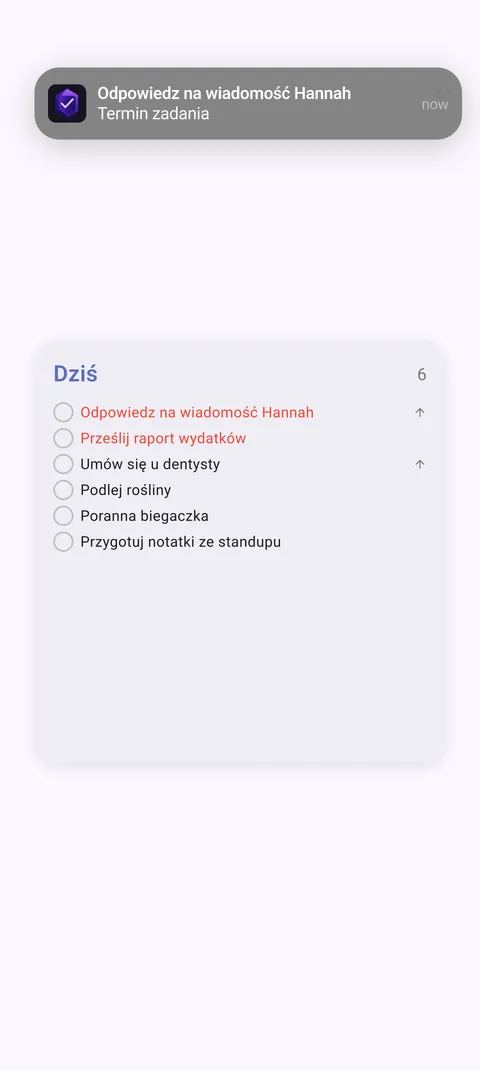 Widżety i powiadomieńia TaskForge Android pokazujące interaktywne zarządzanie zadaniami z ekranu głównego z Material Design i inteligentnymi alertami