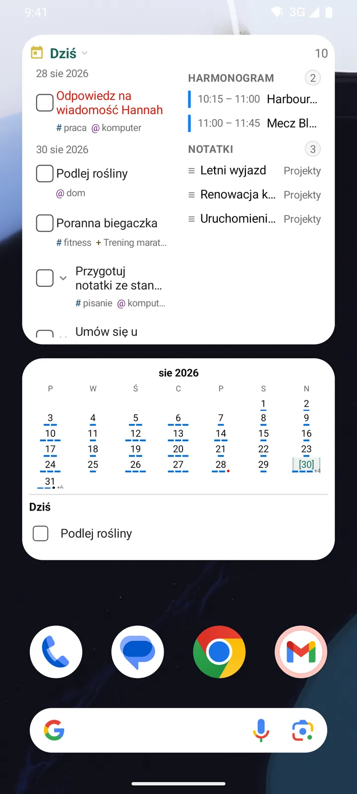 Widżety i powiadomienia TaskForge Android pokazujące interaktywne zarządzanie zadaniami z ekranu głównego z Material Design i inteligentnymi alertami