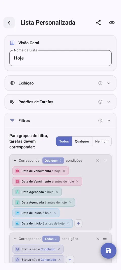 Listas de tarefas personalizadas do TaskForge para Android mostrando organização personalizada com Material Design e filtragem otimizada para Android