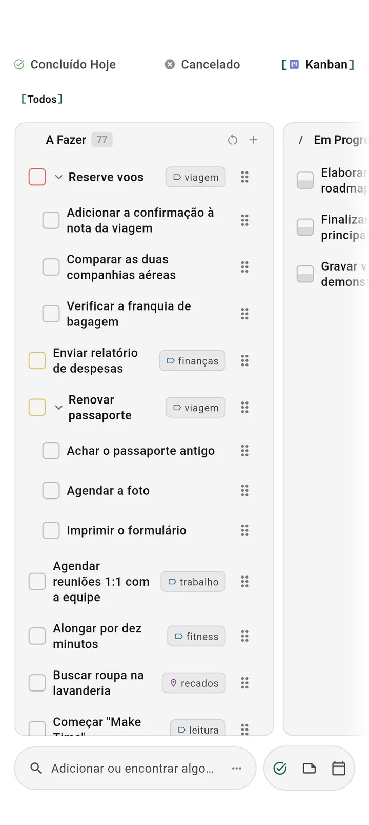 Visualização de quadro kanban do TaskForge para Android mostrando organização visual de tarefas otimizada para interface de toque Android