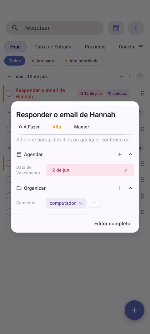 Interface de gerenciamento de tarefas do TaskForge para Android mostrando recursos avançados de edição com controles nativos Android e Material Design