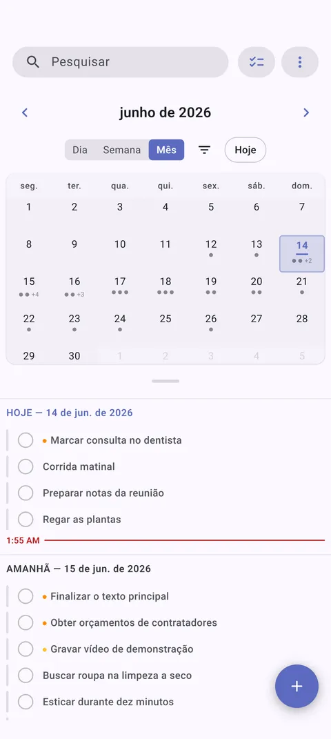Visualização de calendário TaskForge Android mostrando agendamento de tarefas e gerenciamento de datas de vencimento com interface de calendário Material Design