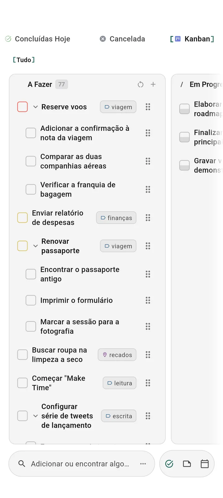 Visualização de quadro kanban TaskForge Android mostrando organização visual de tarefas otimizada para interface de toque Android