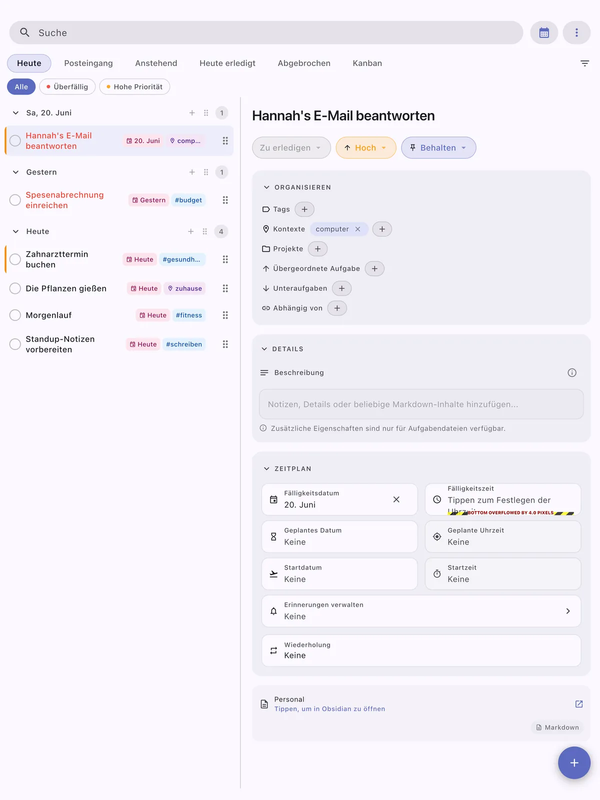TaskForge iPad-Hauptoberfläche mit optimiertem Layout für größeren Bildschirm mit erweitertem Aufgabenmanagement und nativem iPadOS-Design