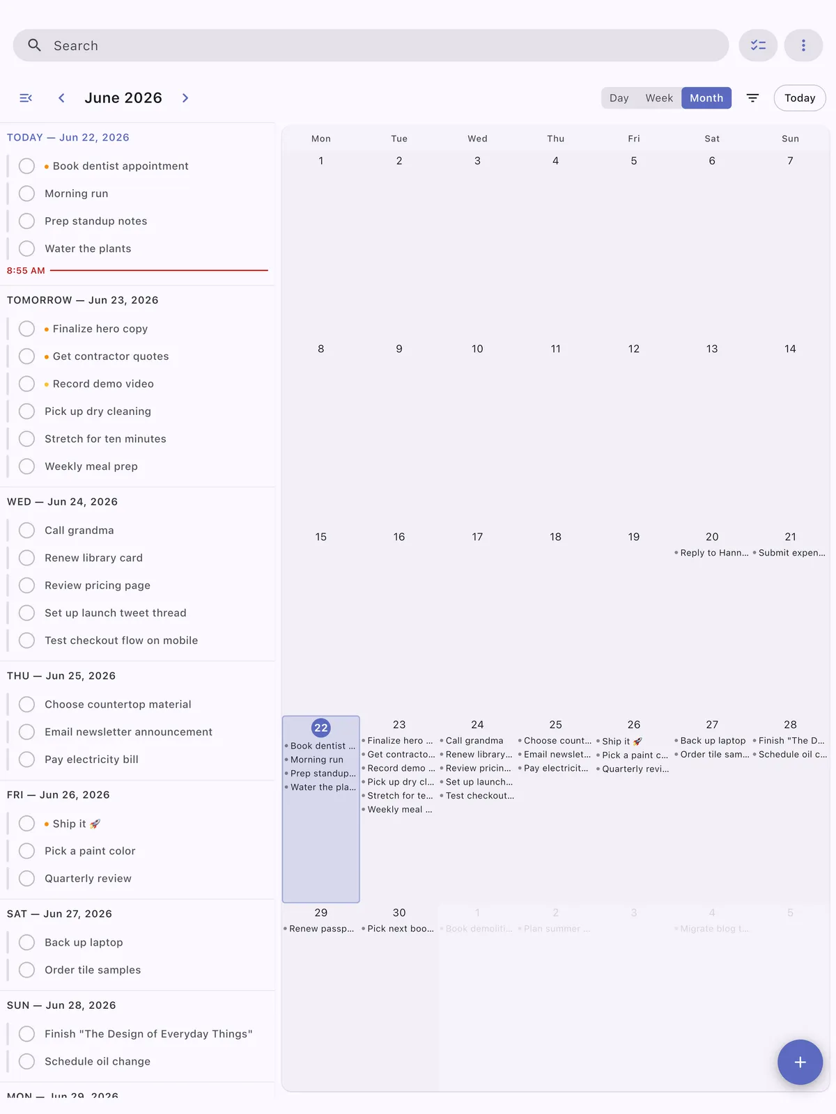 TaskForge iPad calendar view showing task scheduling and timeline management optimized for iPad's larger display