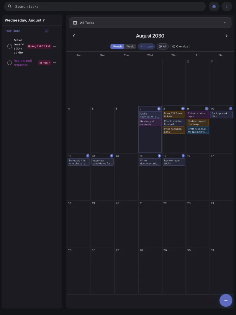 Obsidian task calendar view showing scheduled tasks, due dates, and timeline management for todo tracking