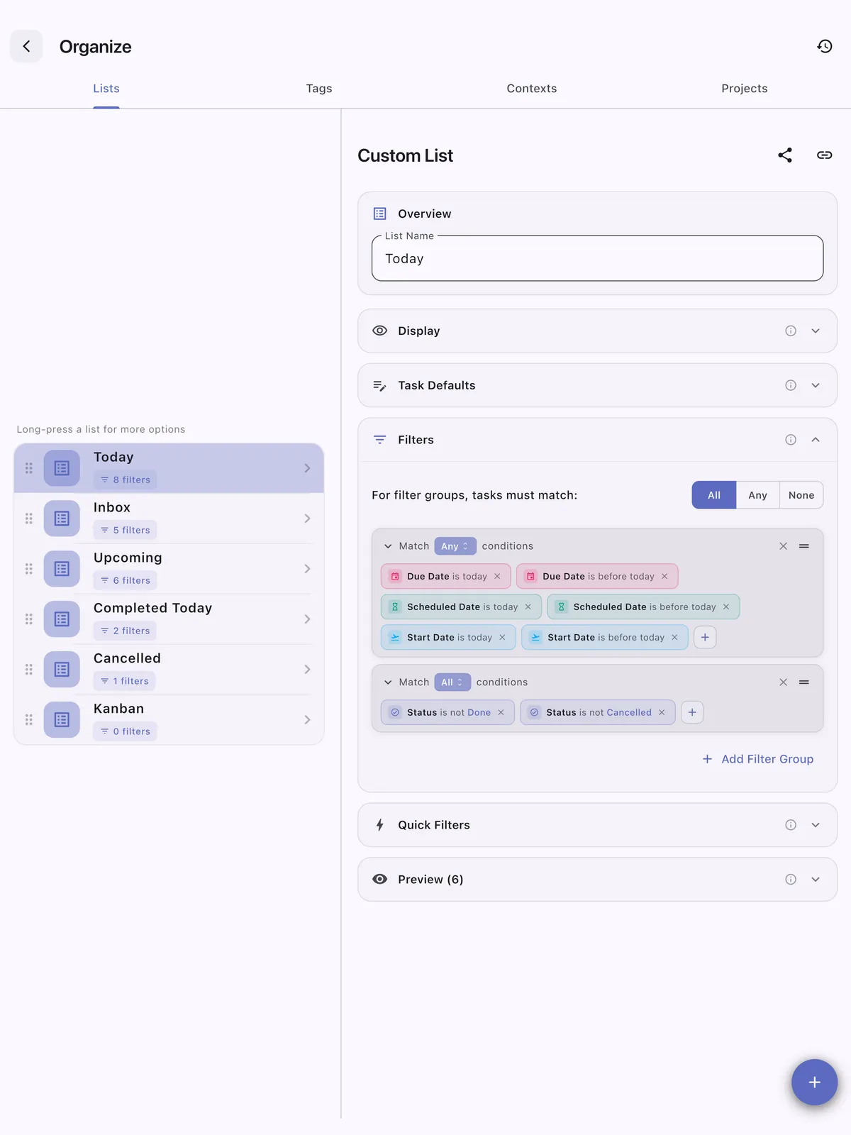 TaskForge iPad custom task lists showing personalized organization with filtering options and tailored workflows for enhanced productivity