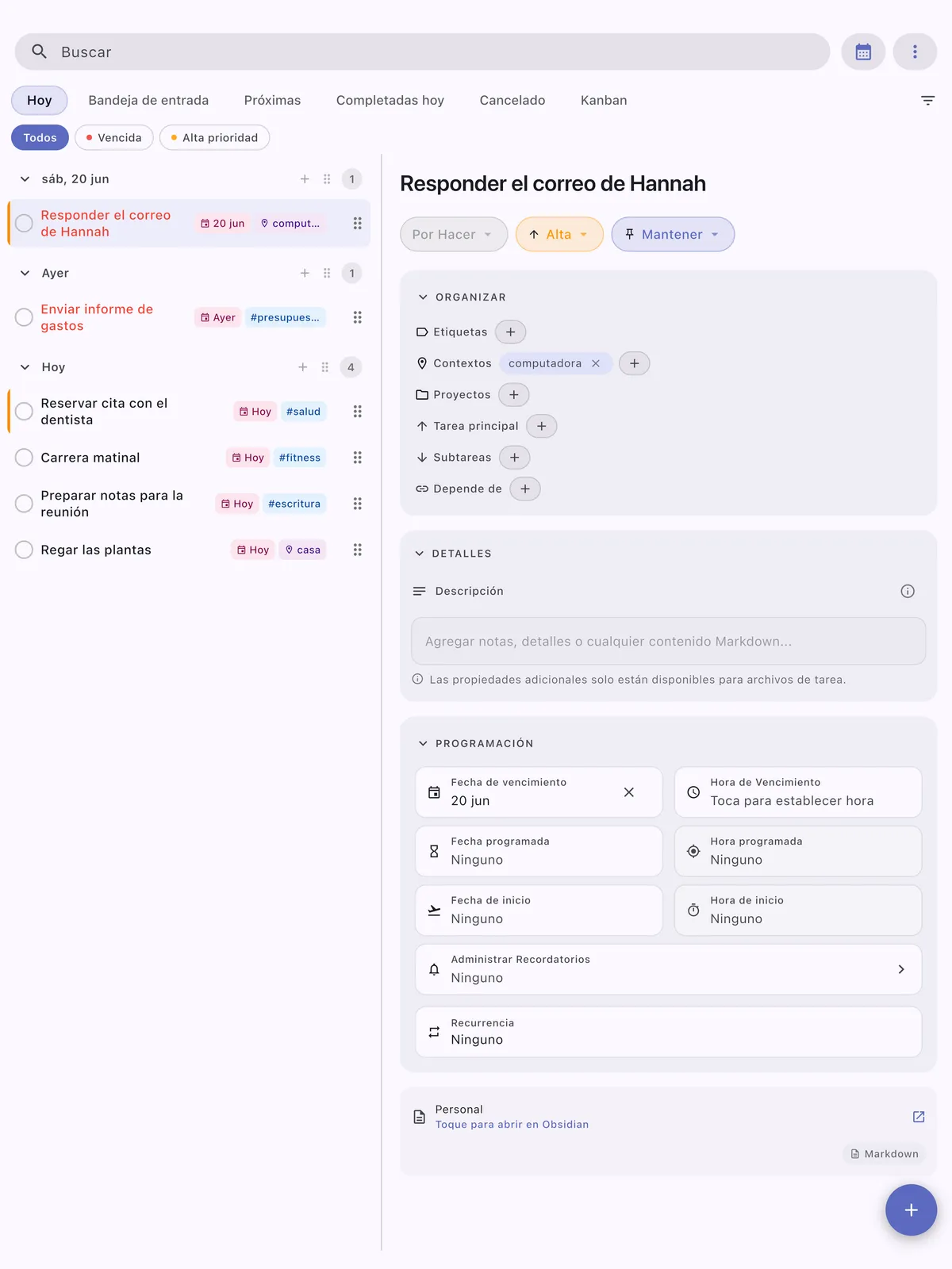 Interfaz de gestión de tareas de TaskForge para iPad mostrando capacidades de edición avanzadas con soporte de markdown y controles optimizados para iPad