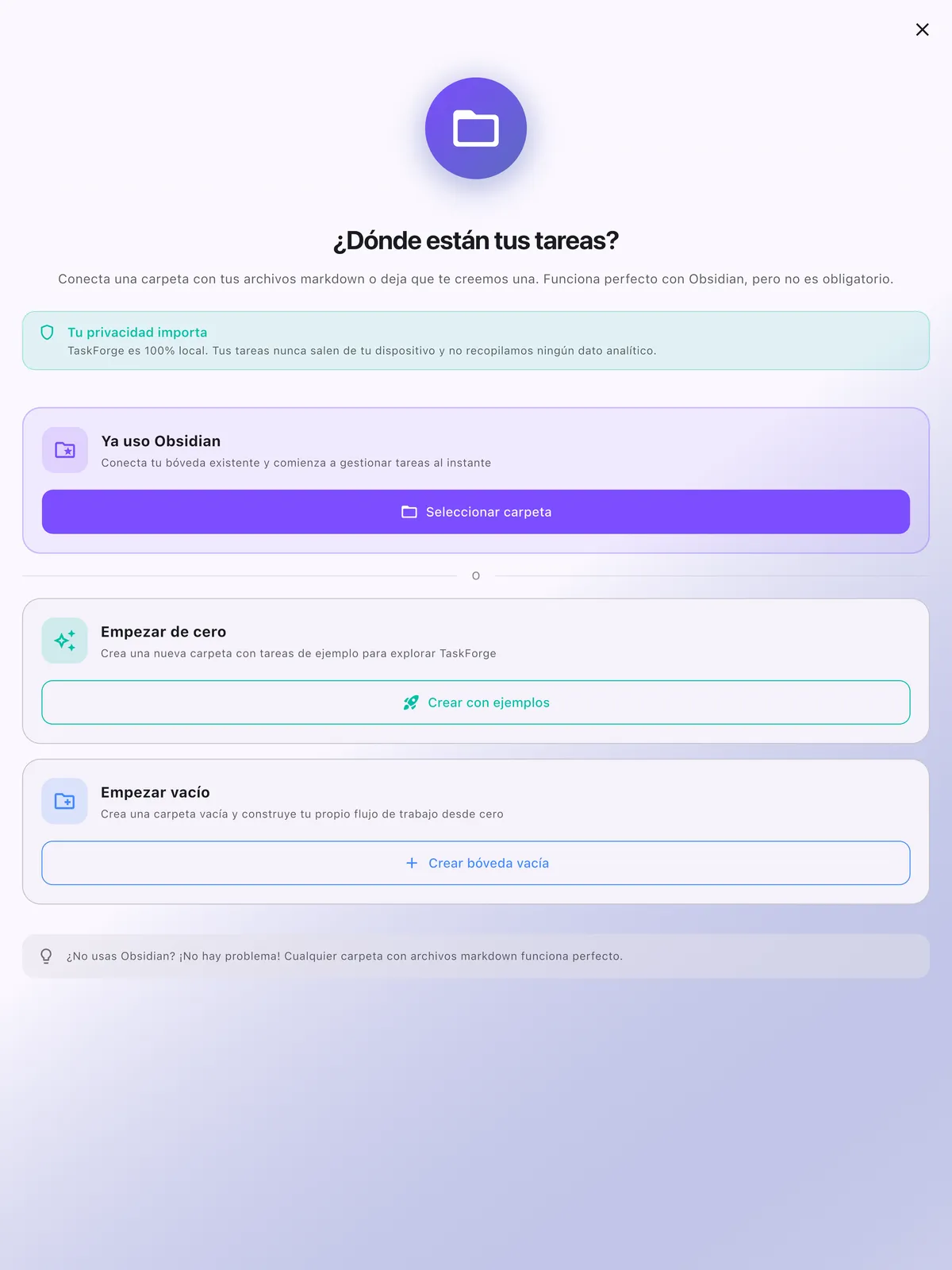 Configuración de vault de TaskForge para iPad mostrando integración directa de Obsidian optimizada para flujos de trabajo de iPad