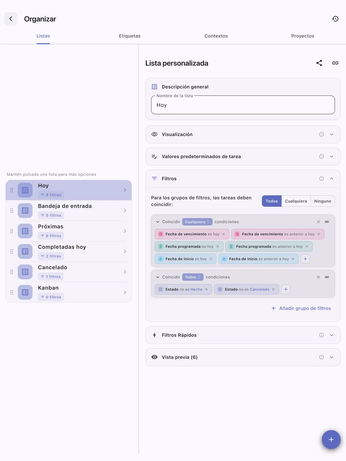 Listas de tareas personalizadas de TaskForge para iPad mostrando organización personalizada con opciones de filtrado y flujos de trabajo adaptados para mayor productividad