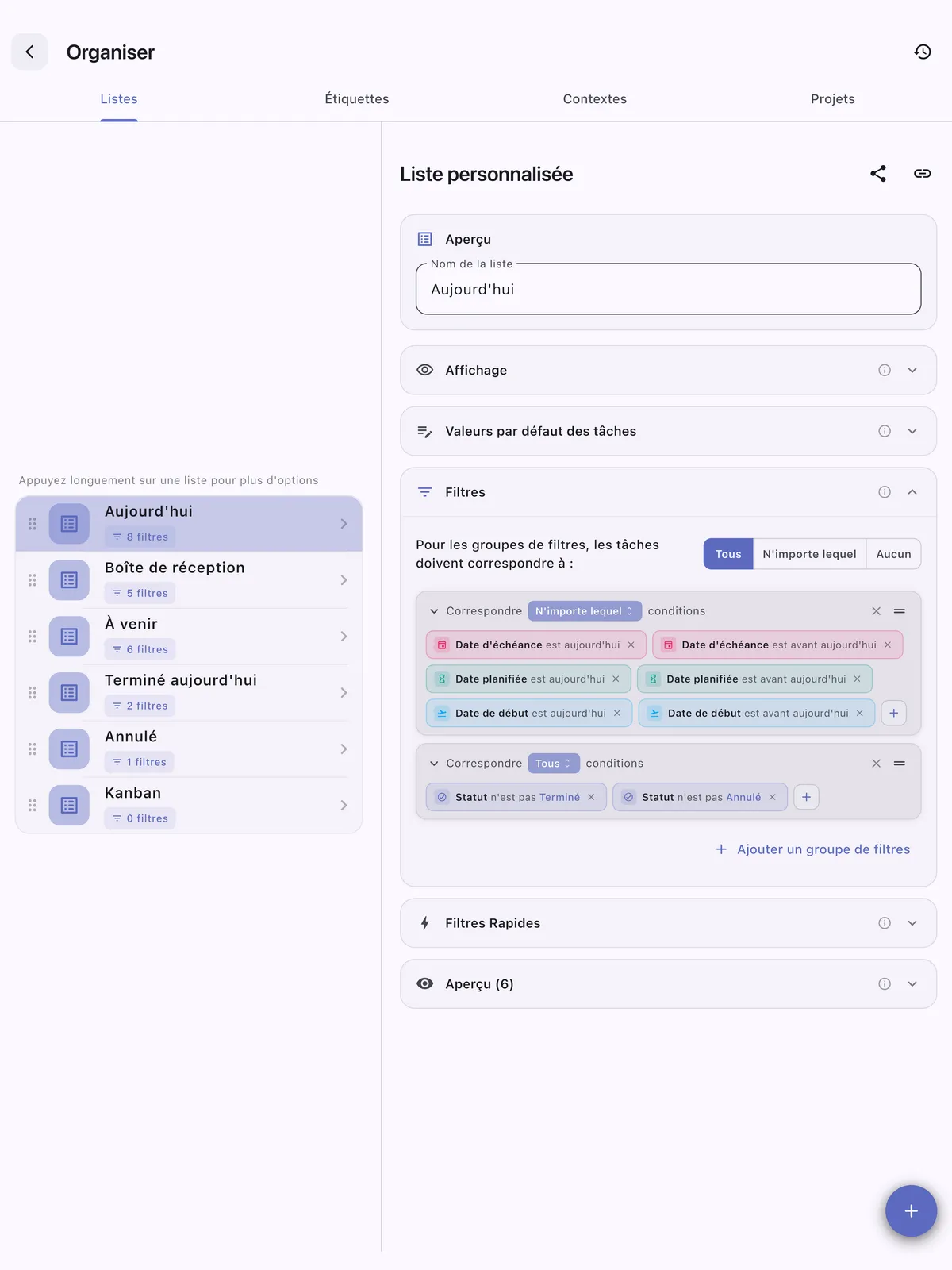 Listes de tâches personnalisées iPad TaskForge montrant l'organisation personnalisée avec options de filtrage et flux de travail sur mesure pour une productivité améliorée