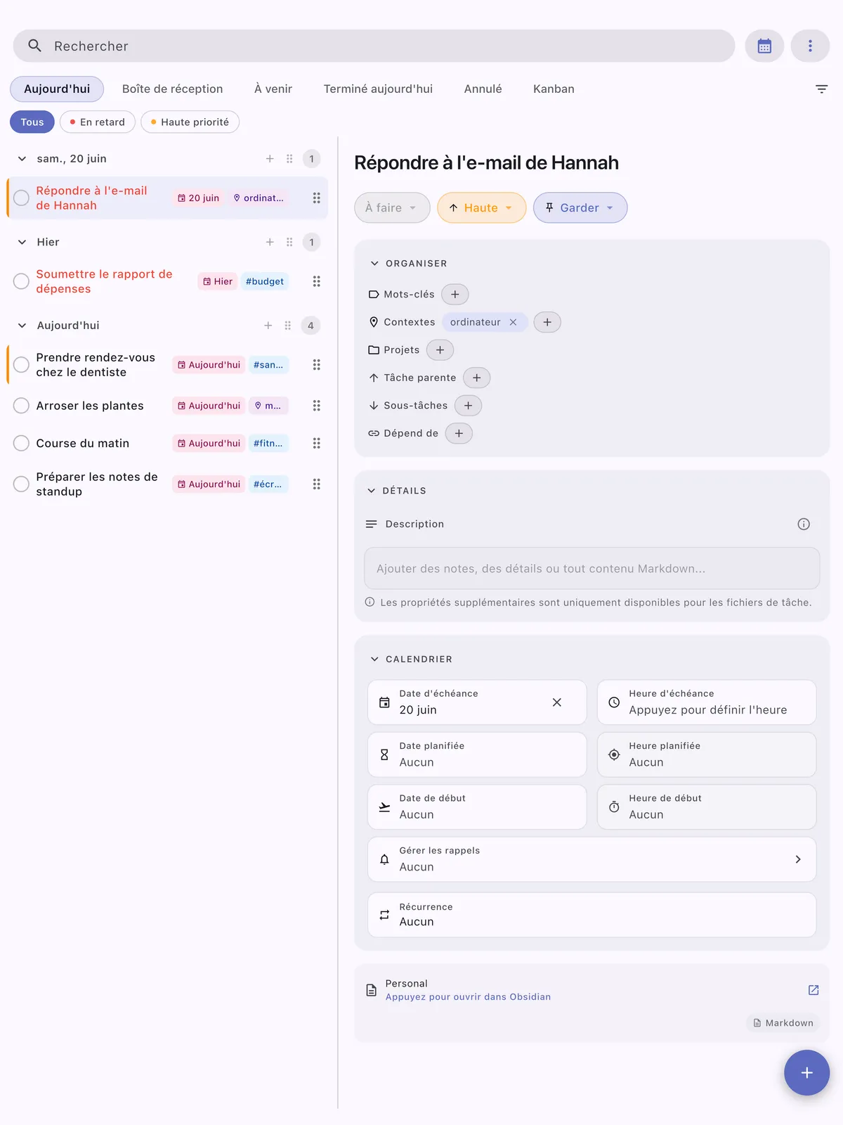 Interface principale iPad TaskForge montrant la mise en page optimisée pour grand écran avec gestion de tâches améliorée et design iPadOS natif