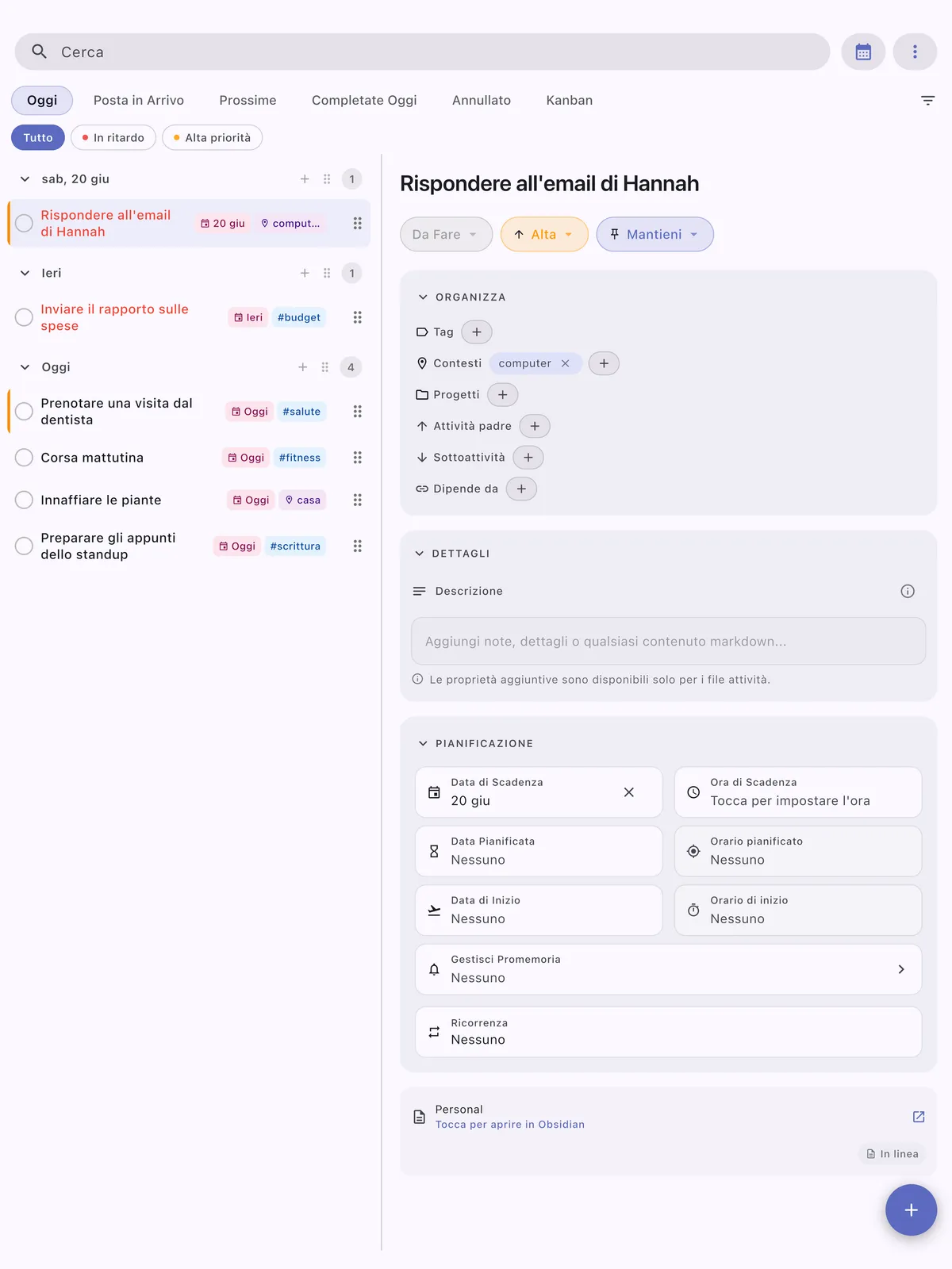 Interfaccia principale TaskForge iPad che mostra layout ottimizzato per schermo più grande con gestione attività migliorata e design iPadOS nativo