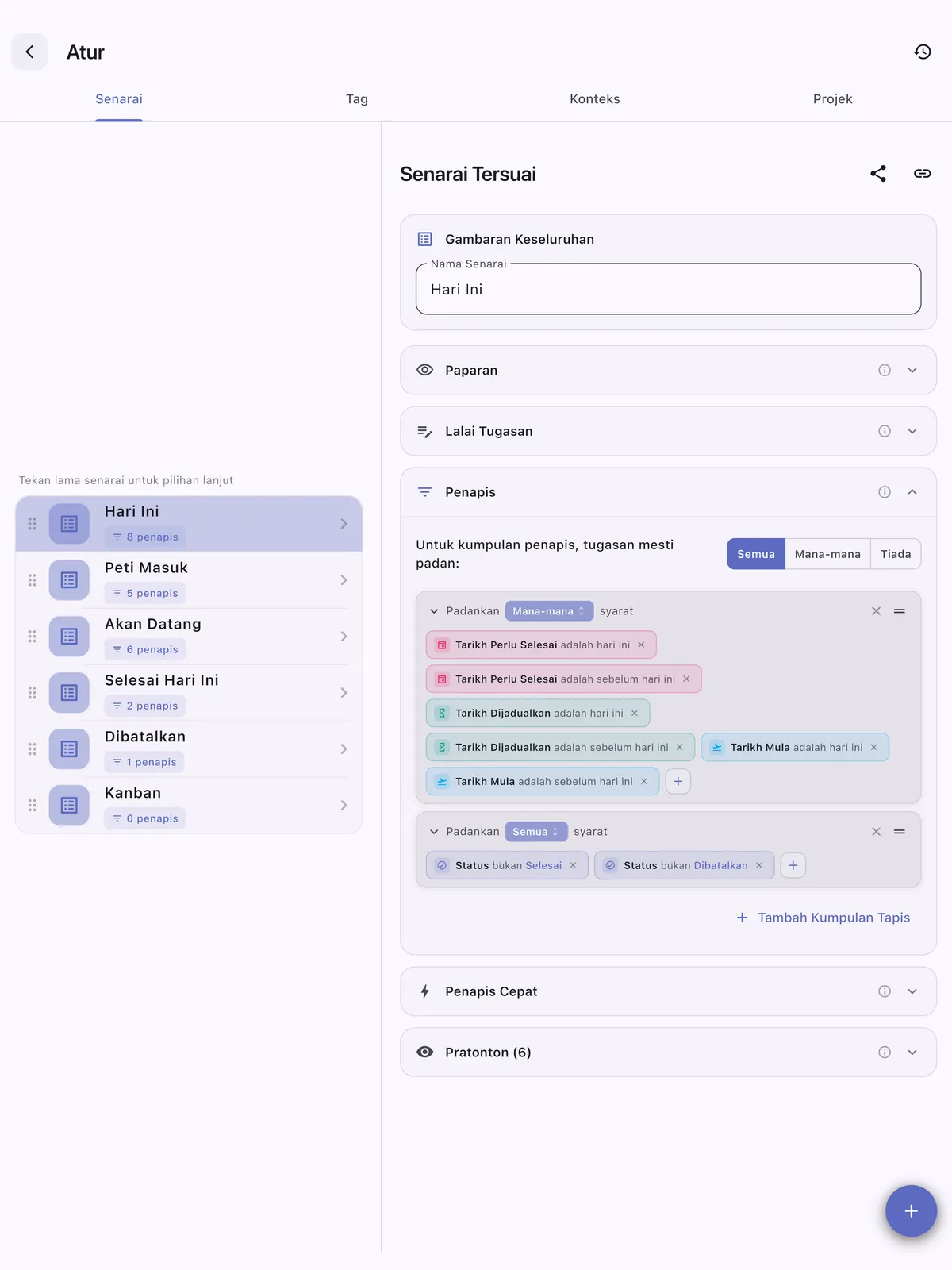 Senarai tugas tersuai TaskForge iPad menunjukkan organisasi peribadi dengan pilihan penapisan dan aliran kerja disesuaikan untuk produktiviti yang dipertingkat