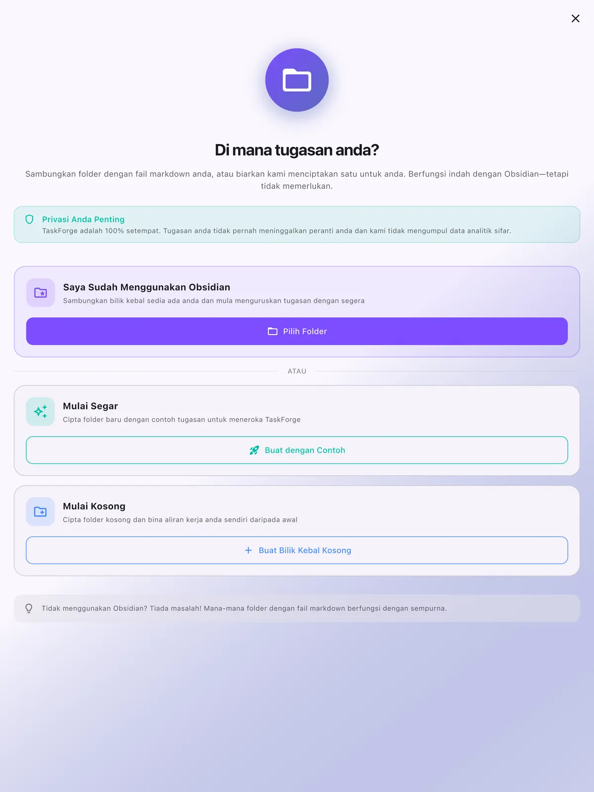 Konfigurasi vault TaskForge iPad menunjukkan integrasi Obsidian yang lancar dioptimumkan untuk aliran kerja iPad