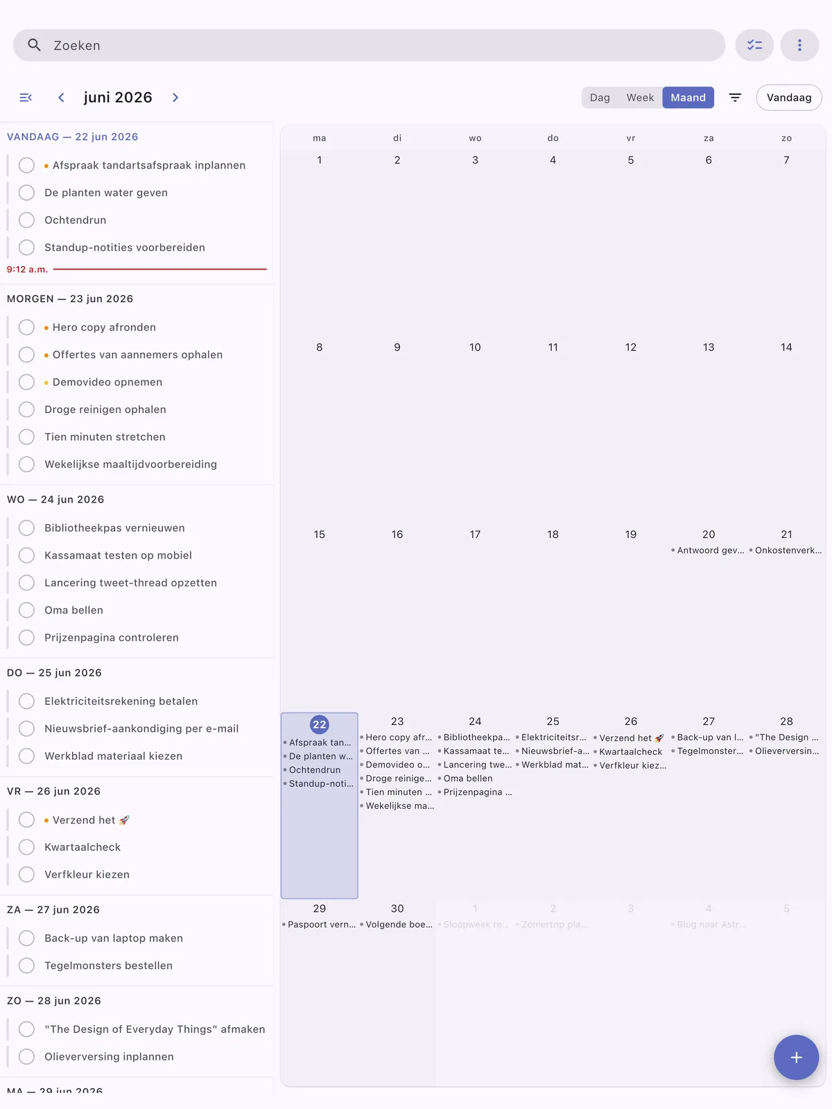 TaskForge iPad kalenderweergave met taakplanning en tijdlijnbeheer geoptimaliseerd voor iPad's grotere display