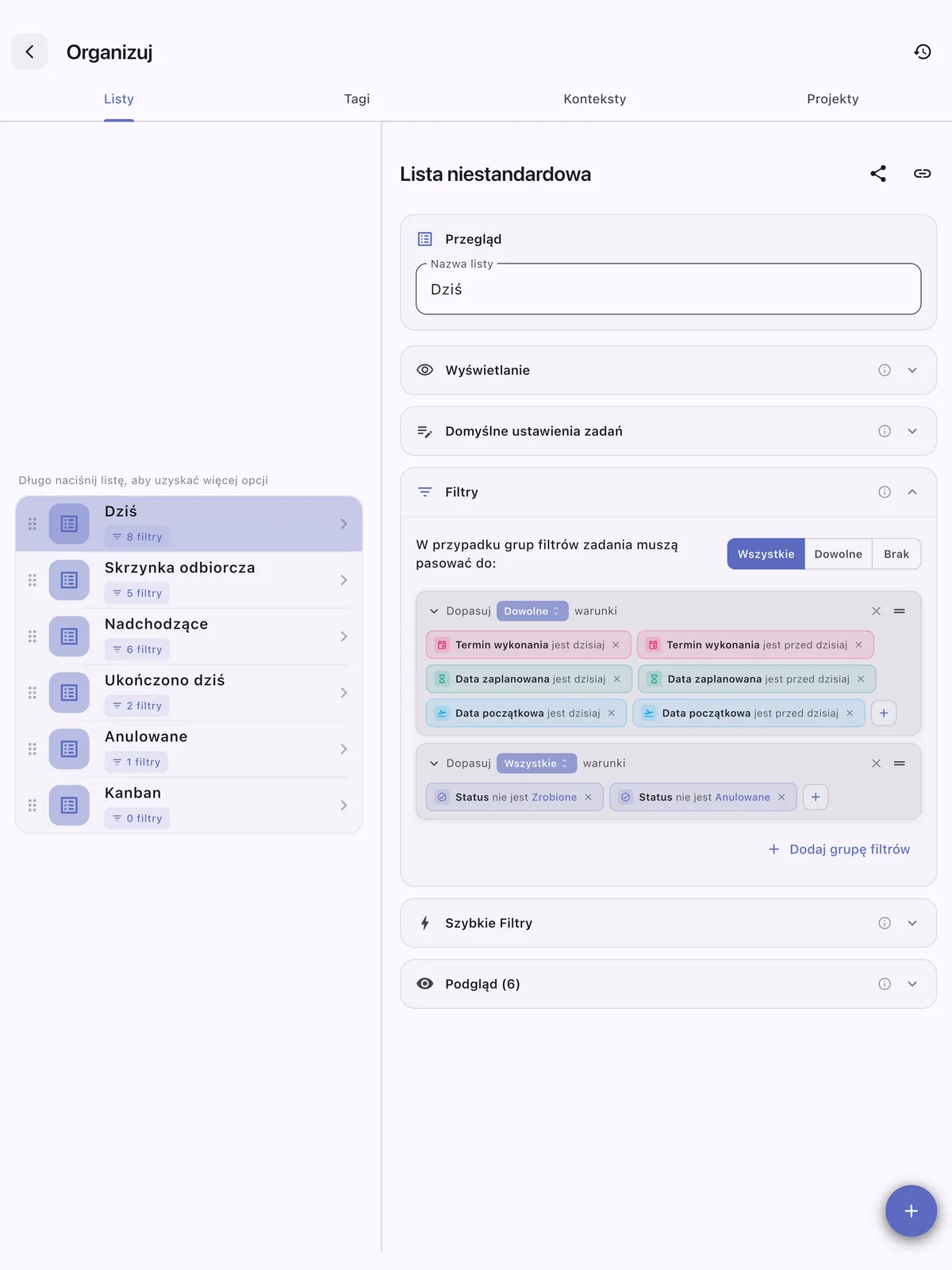 Niestandardowe listy zadań TaskForge iPad pokazujące spersonalizowaną organizację z opcjami filtrowania i dostosowanymi przepływami pracy dla zwiększonej produktywności