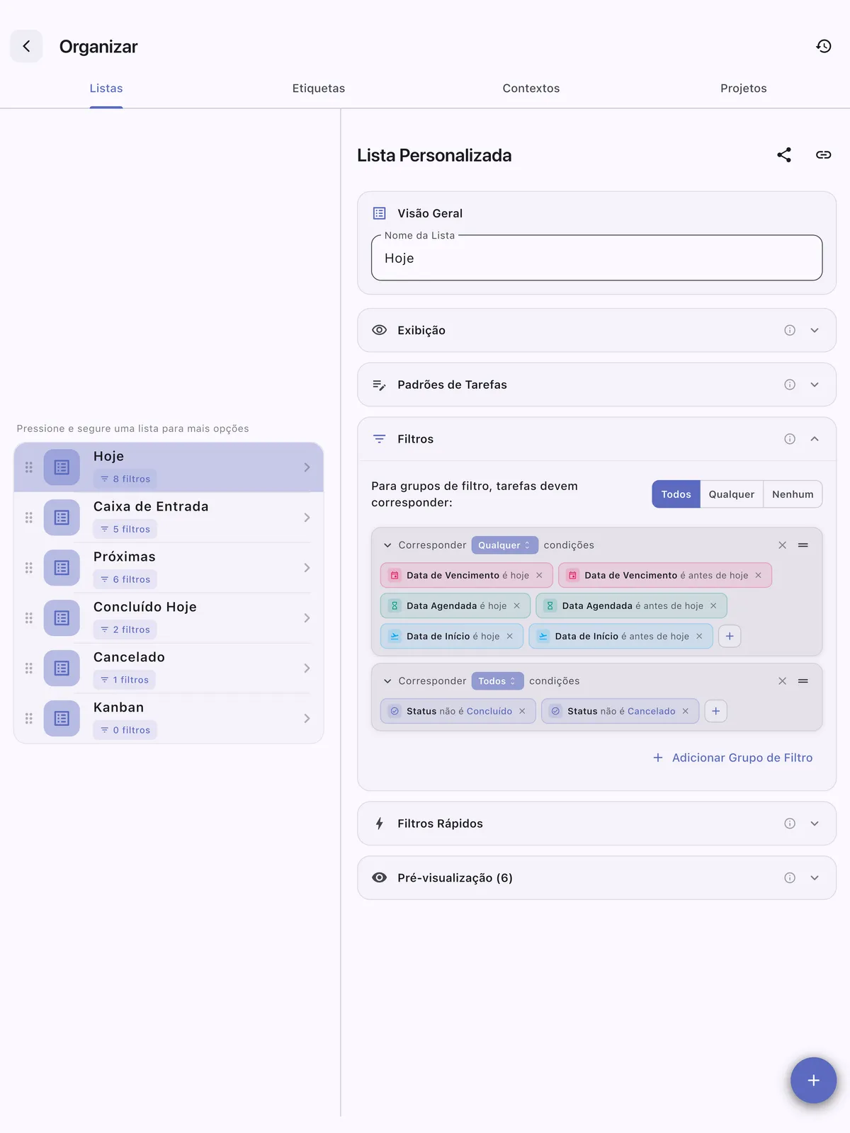 Listas de tarefas personalizadas do TaskForge para iPad mostrando organização personalizada com opções de filtragem e fluxos de trabalho adaptados para maior produtividade