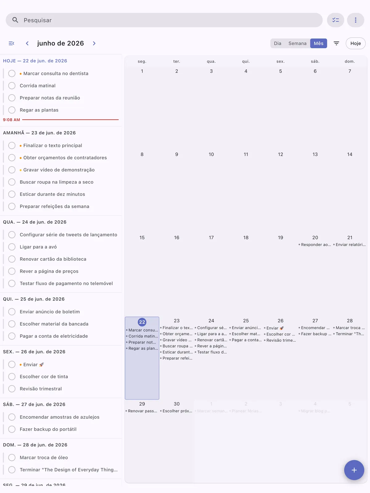 Visualização de calendário TaskForge iPad mostrando agendamento de tarefas e gerenciamento de linha do tempo otimizado para display maior do iPad