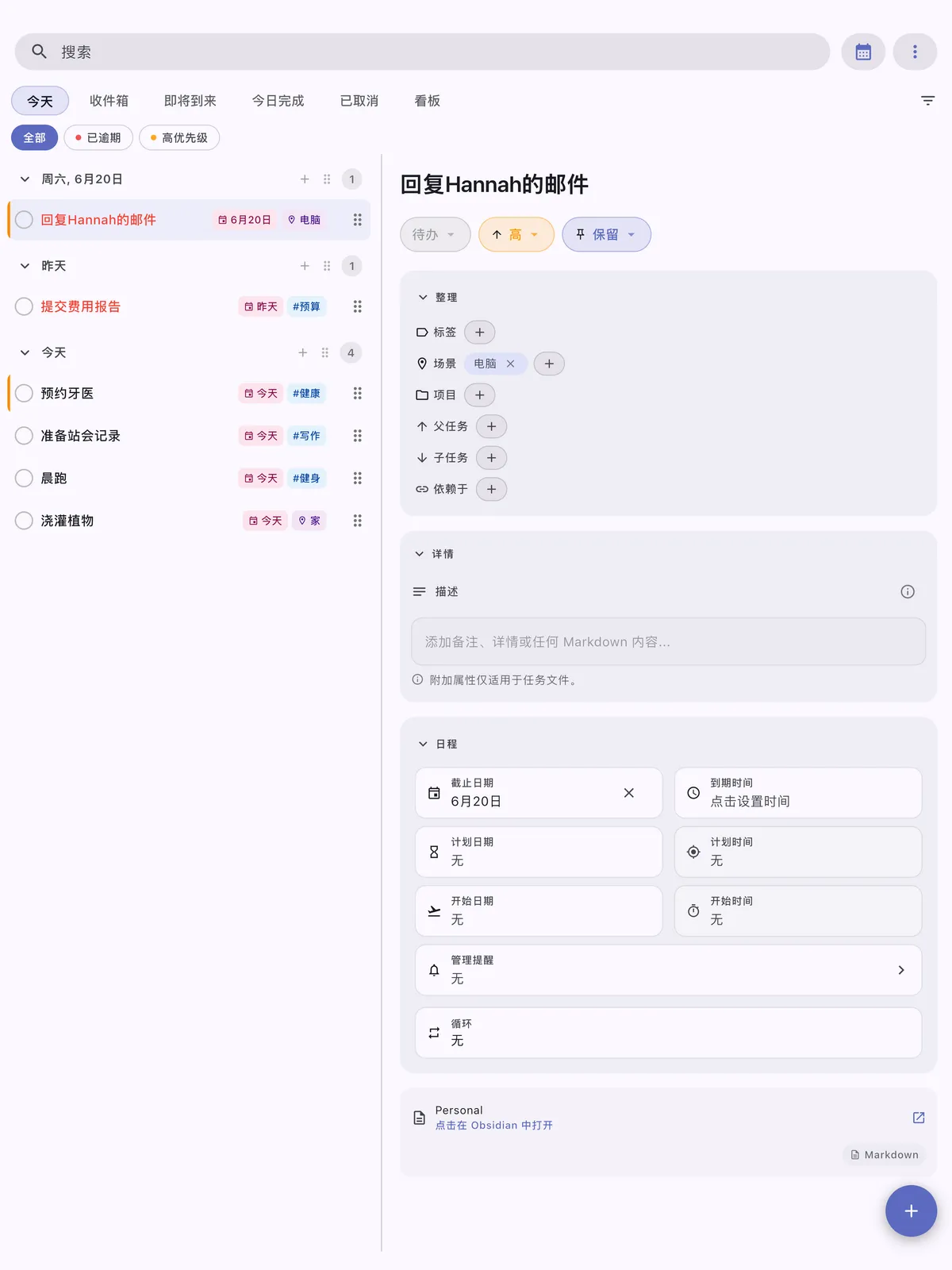 TaskForge iPad任务管理界面,显示支持markdown的高级编辑功能和iPad优化控件