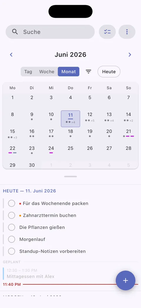 TaskForge iPhone-Kalenderansicht mit Aufgabenplanung, Fälligkeitsdatumsverwaltung und Kalenderintegration für umfassende Planung