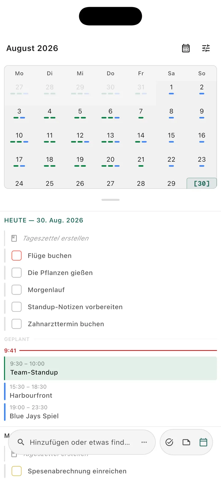 Kalenderansicht für Obsidian-Aufgaben mit geplanten Aufgaben und Fälligkeitsdaten