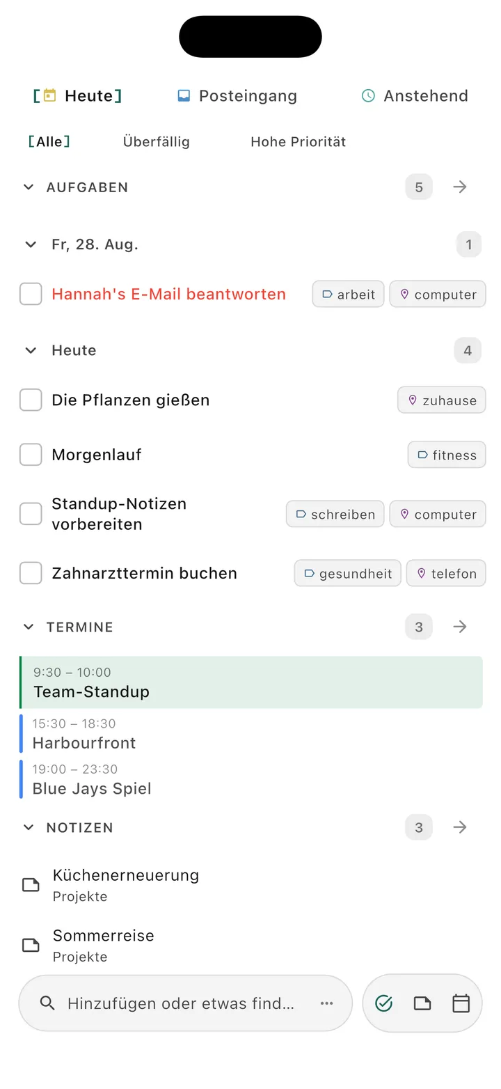 TaskForge iPhone Obsidian Task Manager App Hauptoberfläche mit mobilen Spaces mit GTD-Organisation, Fälligkeitsdaten, Prioritäten und nativem iOS-Design für Projektmanagement