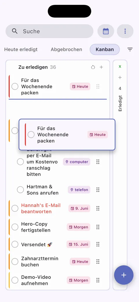 TaskForge iPhone-Kanban-Board-Ansicht mit visueller Aufgabenorganisation mit Drag-and-Drop-Funktionalität und spaltenbasiertem Workflow-Management