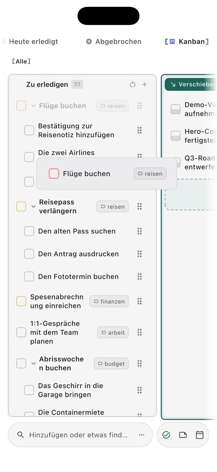 TaskForge iPhone-Kanban-Board-Ansicht mit visueller Aufgabenorganisation mit Drag-and-Drop-Funktionalität und spaltenbasierter Steuerung von Arbeitsabläufen