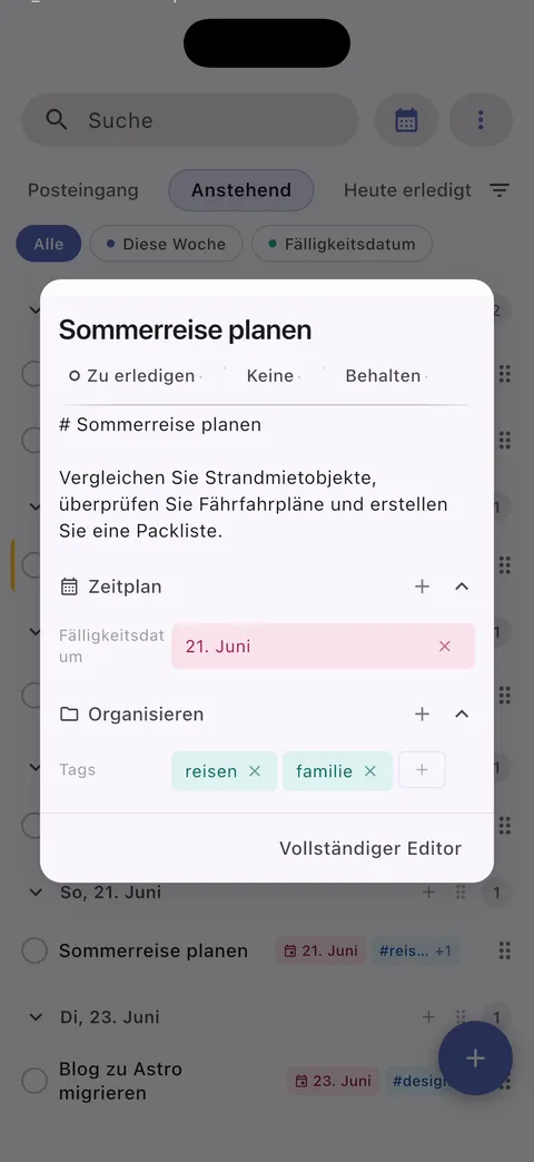TaskForge iPhone-Aufgabenverwaltungsschnittstelle mit erweiterter Aufgabenbearbeitung mit Markdown-Unterstützung und iOS-nativen Steuerelementen