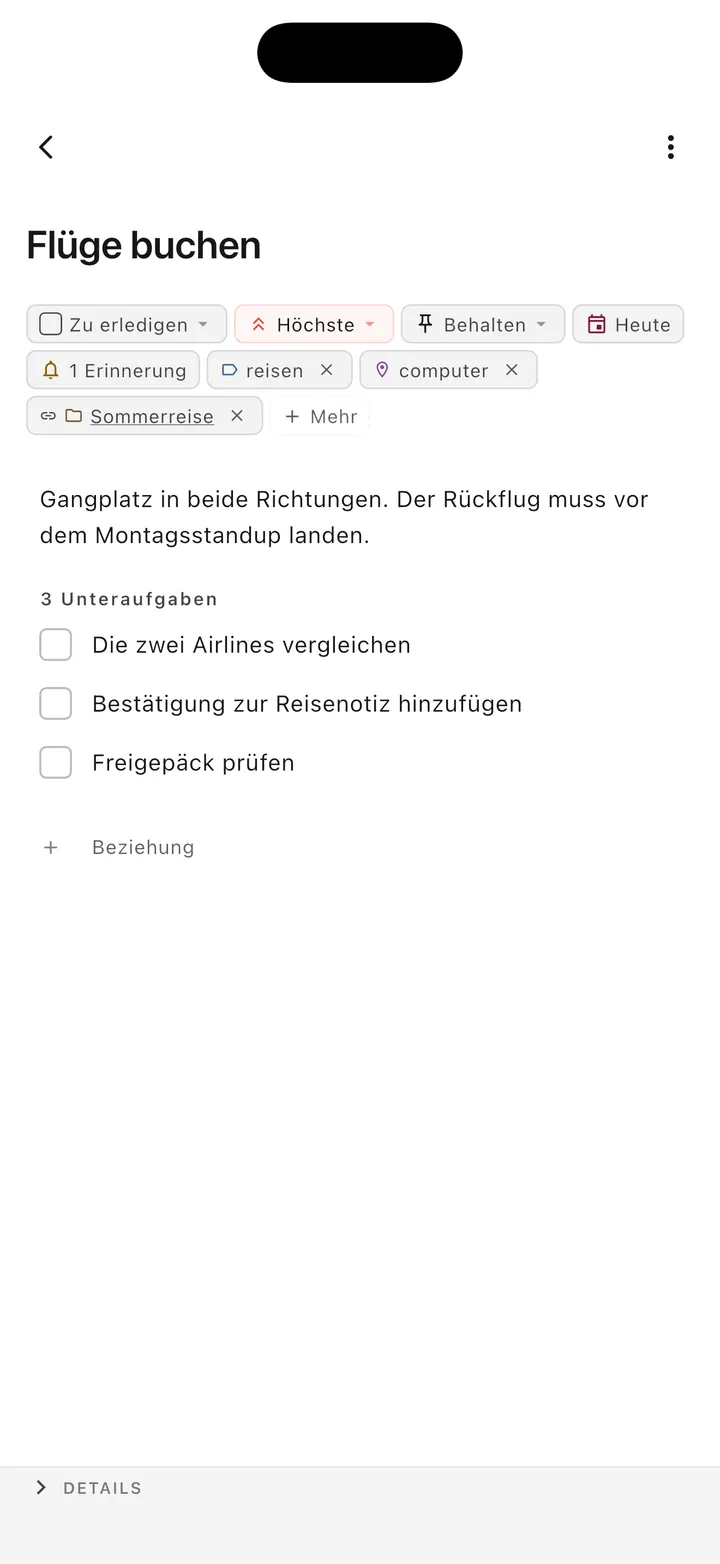 TaskForge iPhone-Aufgabenverwaltungsschnittstelle mit erweiterter Aufgabenbearbeitung mit Markdown-Unterstützung und iOS-nativen Steuerelementen