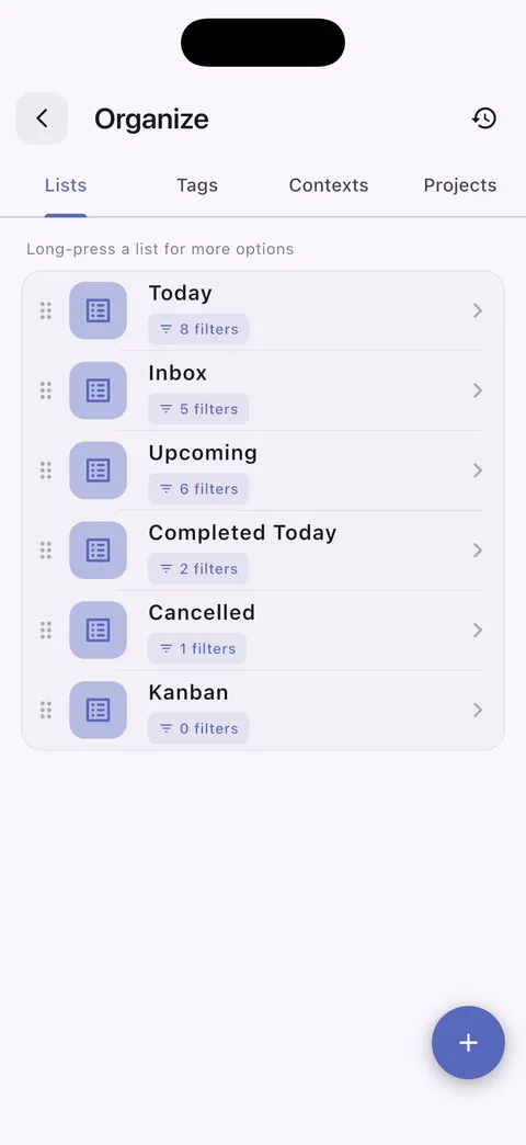 TaskForge iPhone custom task lists showing personalized organization with filtering options and tailored workflows for enhanced productivity