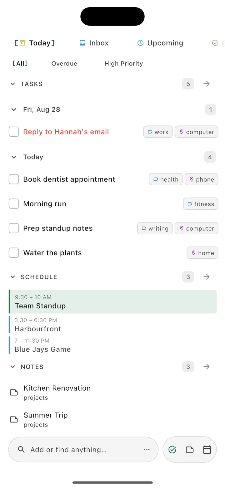 TaskForge iPhone Obsidian task manager app main interface showing mobile spaces with GTD organization, due dates, priorities, and native iOS design for project management