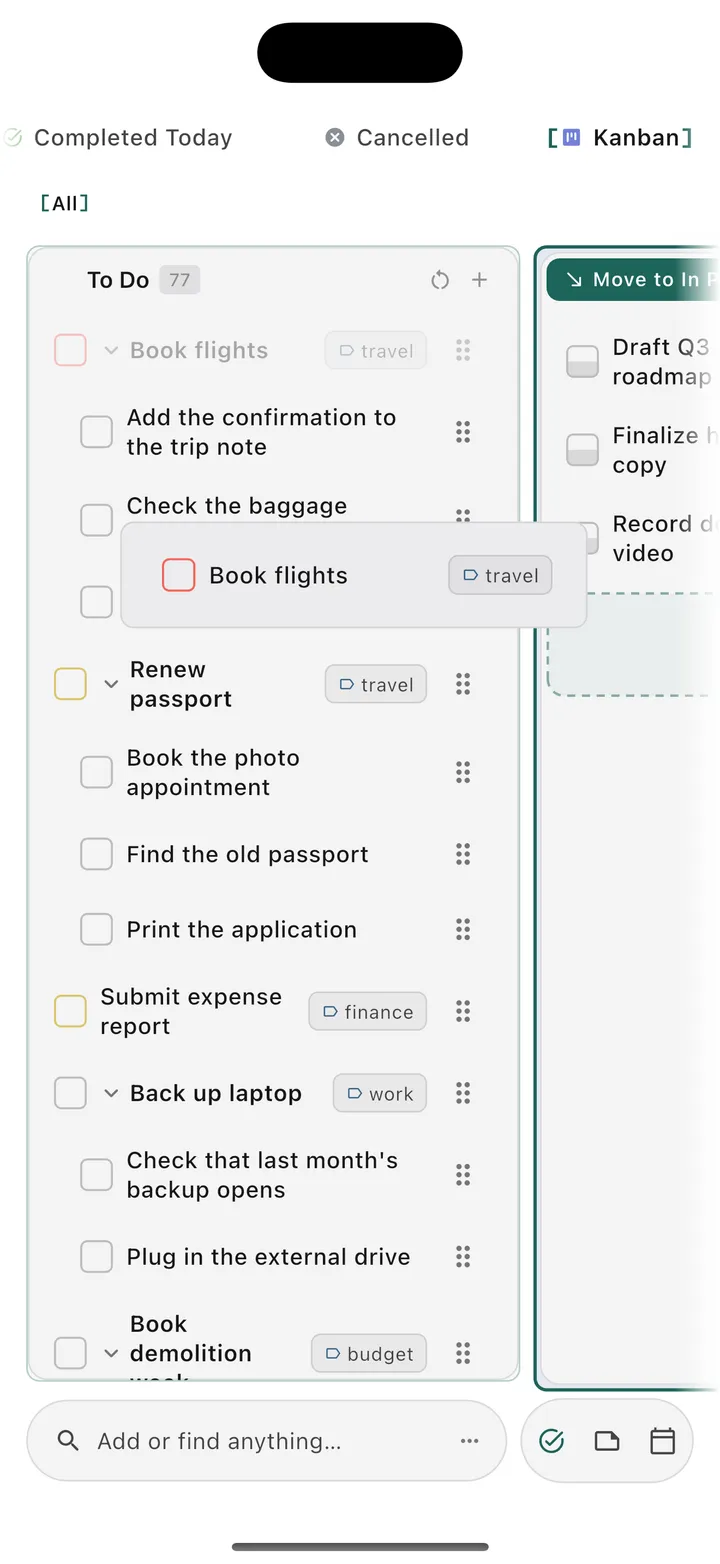 TaskForge iPhone kanban board view showing visual task organization with drag-and-drop functionality and column-based workflow management