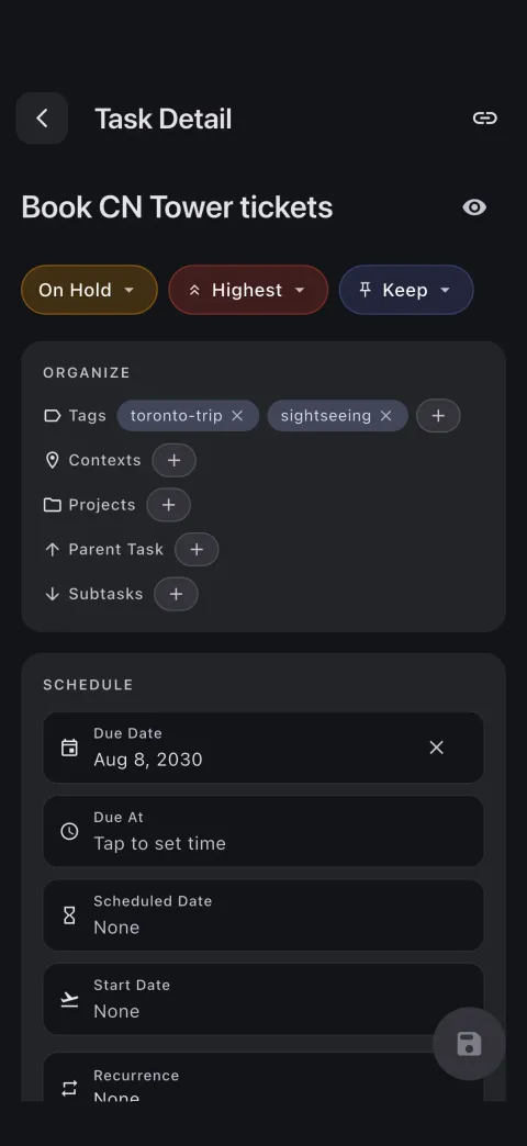 Obsidian task management interface with markdown support, priorities, tags, and due date editing for todo tracking