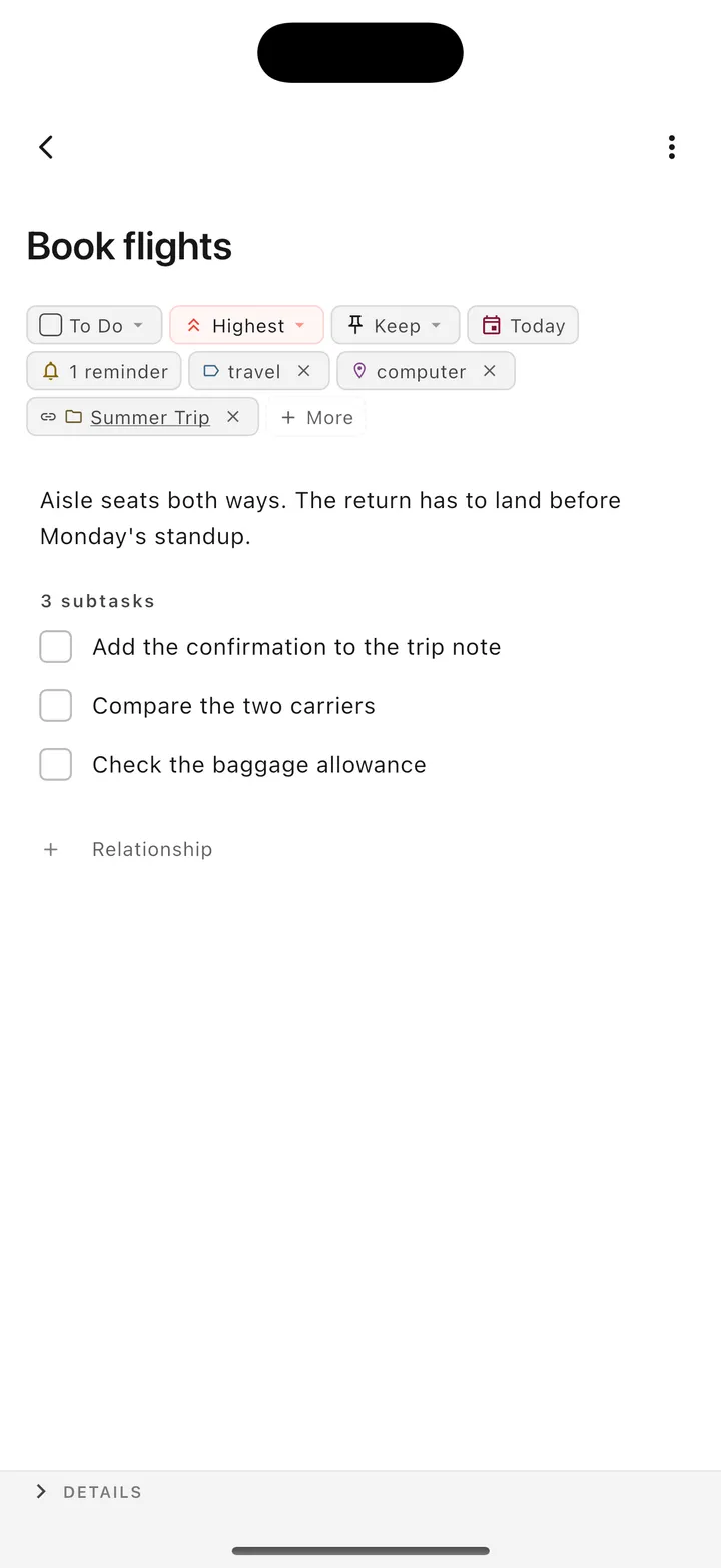 TaskForge iPhone task management interface showing advanced task editing with markdown support and iOS-native controls