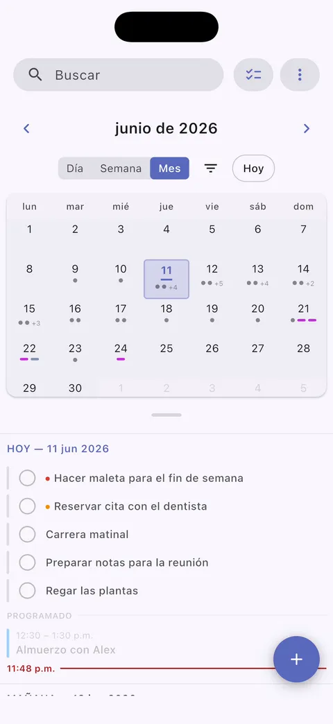 Vista de calendario de TaskForge para iPhone mostrando programación de tareas, gestión de fechas de entrega e integración de calendario para planificación completa