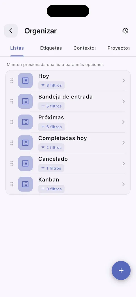Listas de tareas personalizadas de TaskForge para iPhone mostrando organización personalizada con opciones de filtrado y flujos de trabajo adaptados para mejor productividad
