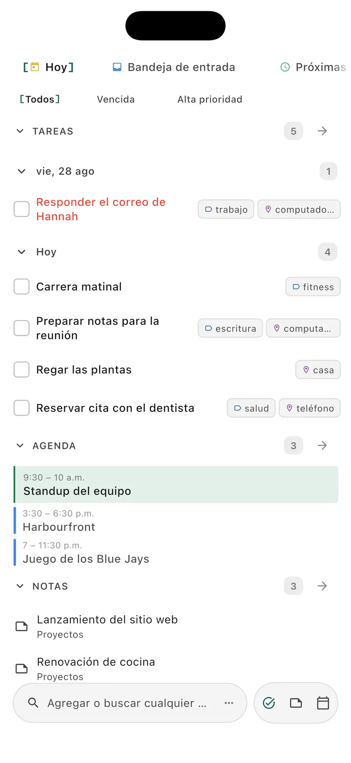 Interfaz principal de la app de gestión de tareas de Obsidian TaskForge para iPhone mostrando Espacios móviles con organización GTD, fechas de entrega, prioridades y diseño nativo de iOS para gestión de proyectos