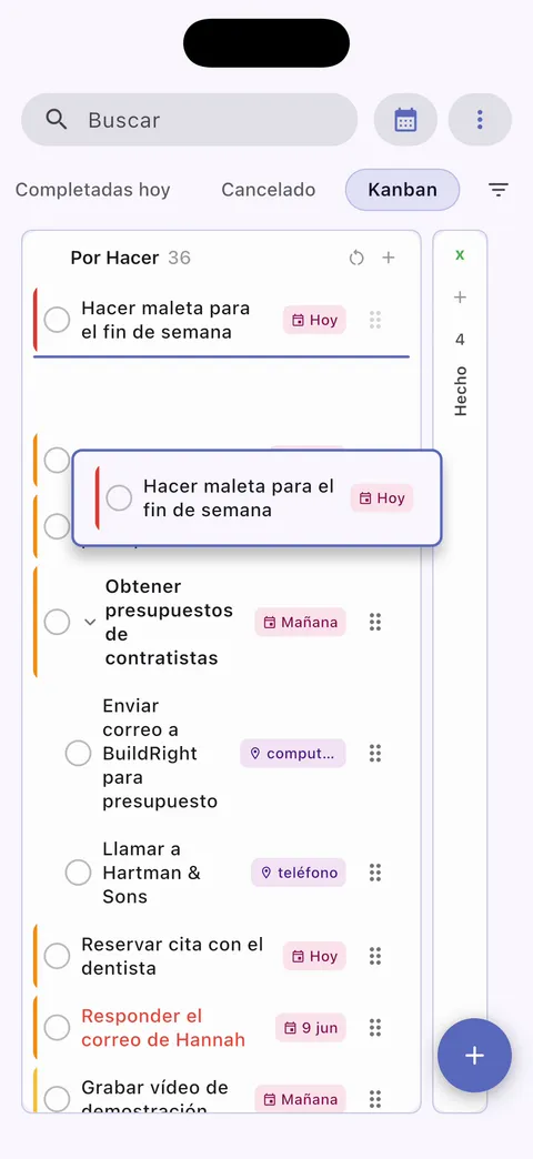 Vista de tablero kanban de TaskForge para iPhone mostrando organización visual de tareas con funcionalidad de arrastrar y soltar y gestión de flujo de trabajo basado en columnas
