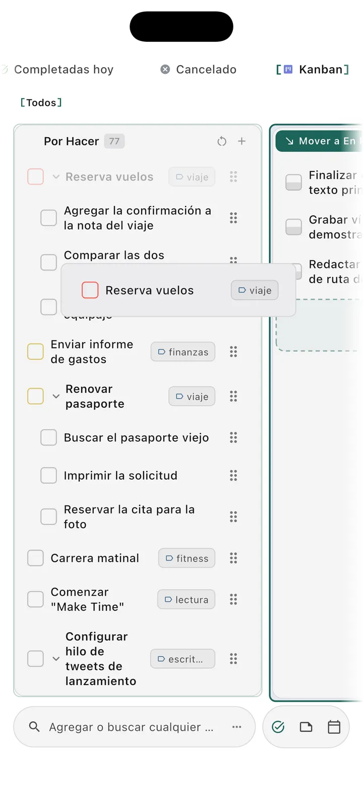Tablero kanban de tareas de Obsidian con columnas arrastrables para gestión visual de proyectos