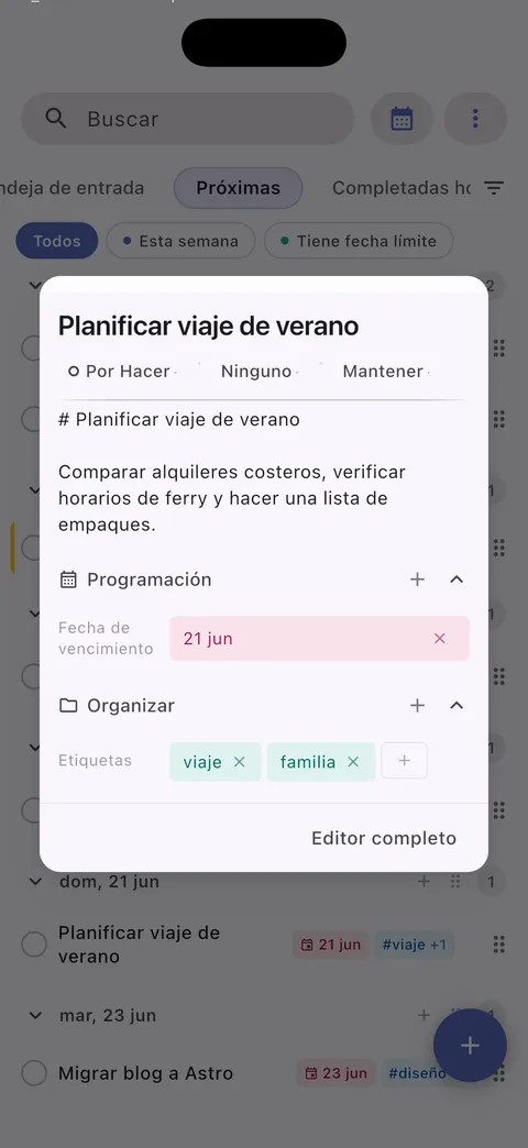 Interfaz de gestión de tareas de TaskForge para iPhone mostrando edición avanzada de tareas con soporte de markdown y controles nativos de iOS