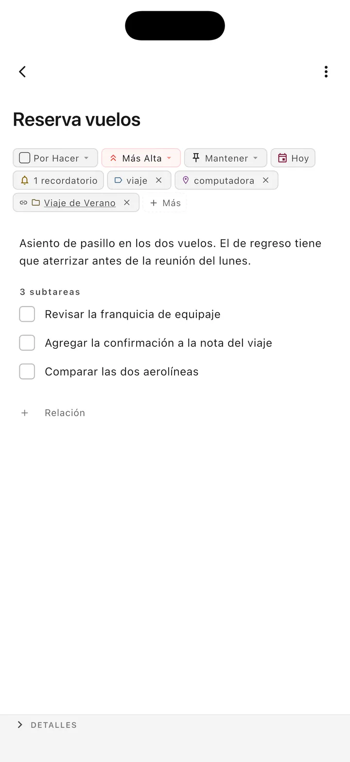 Interfaz de gestión de tareas de Obsidian con soporte de markdown y edición avanzada