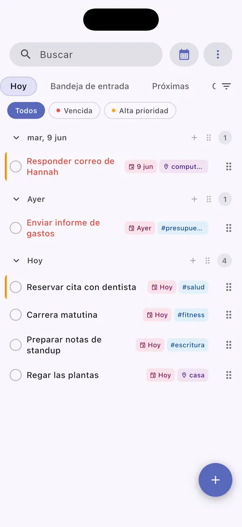 Gestor de tareas de Obsidian mostrando lista de tareas con fechas de vencimiento, prioridades y compatibilidad total con el plugin Obsidian Tasks