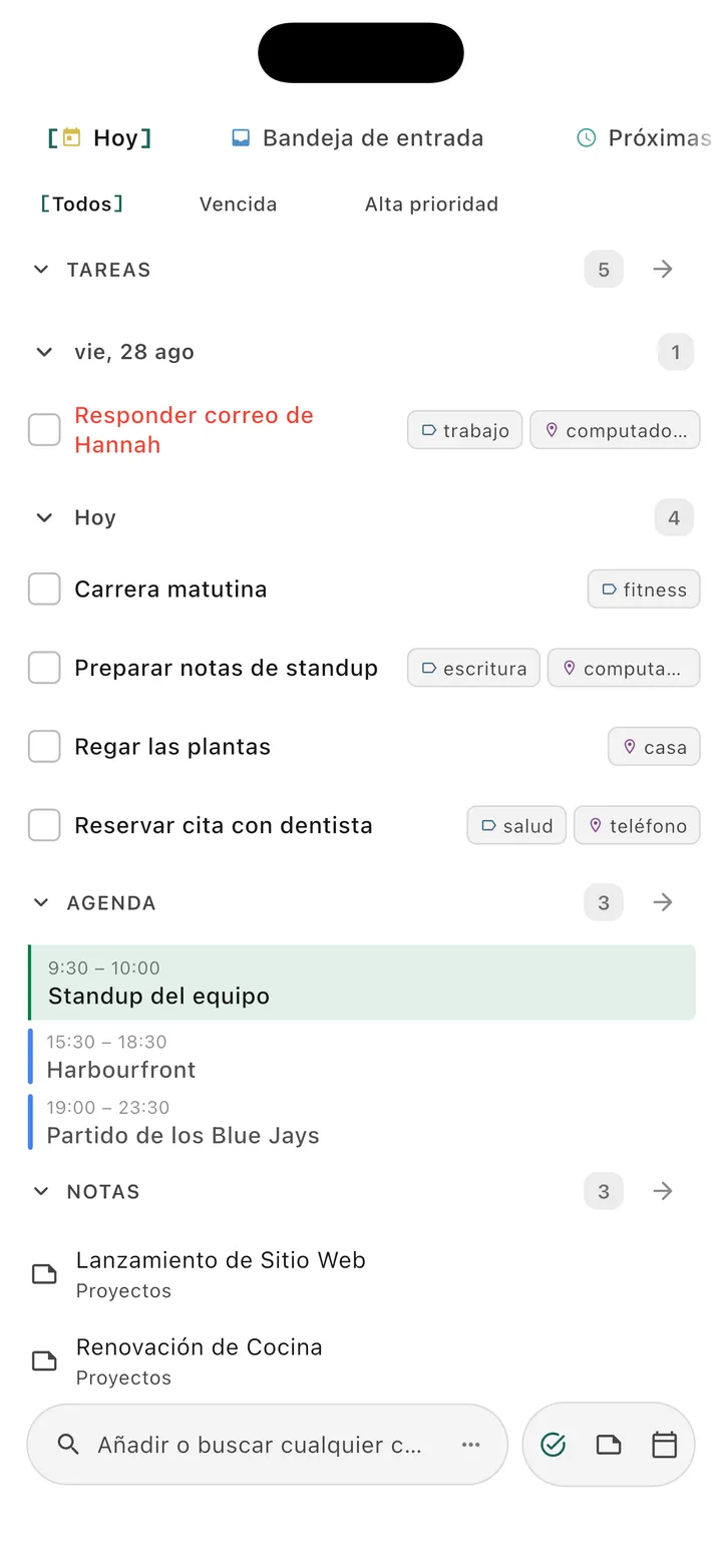 Interfaz principal de la app de gestión de tareas de Obsidian TaskForge para iPhone mostrando Espacios móviles con organización GTD, fechas de vencimiento, prioridades y diseño nativo de iOS para gestión de proyectos