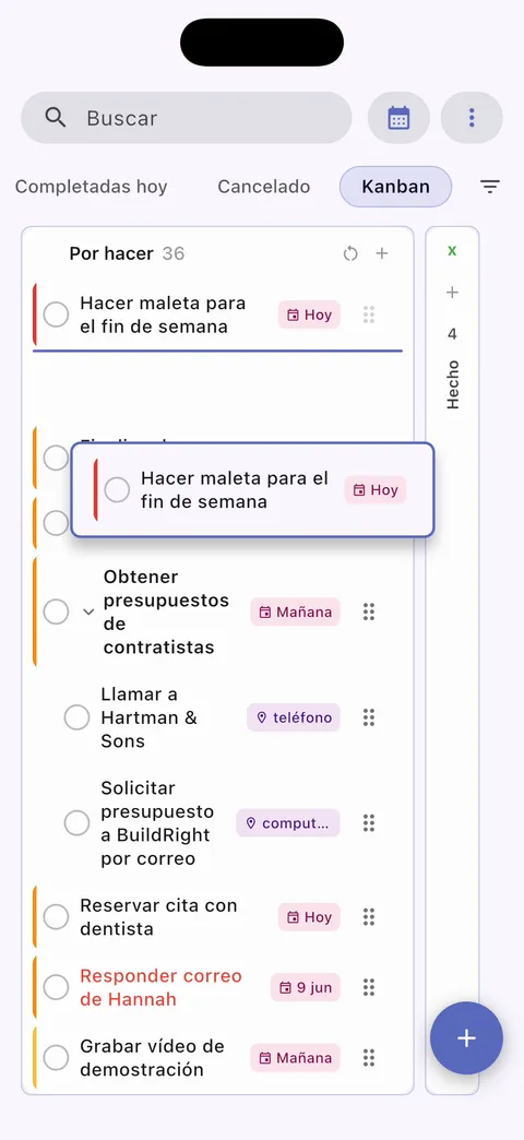 Tablero kanban de tareas de Obsidian con columnas arrastrables para gestión visual de proyectos
