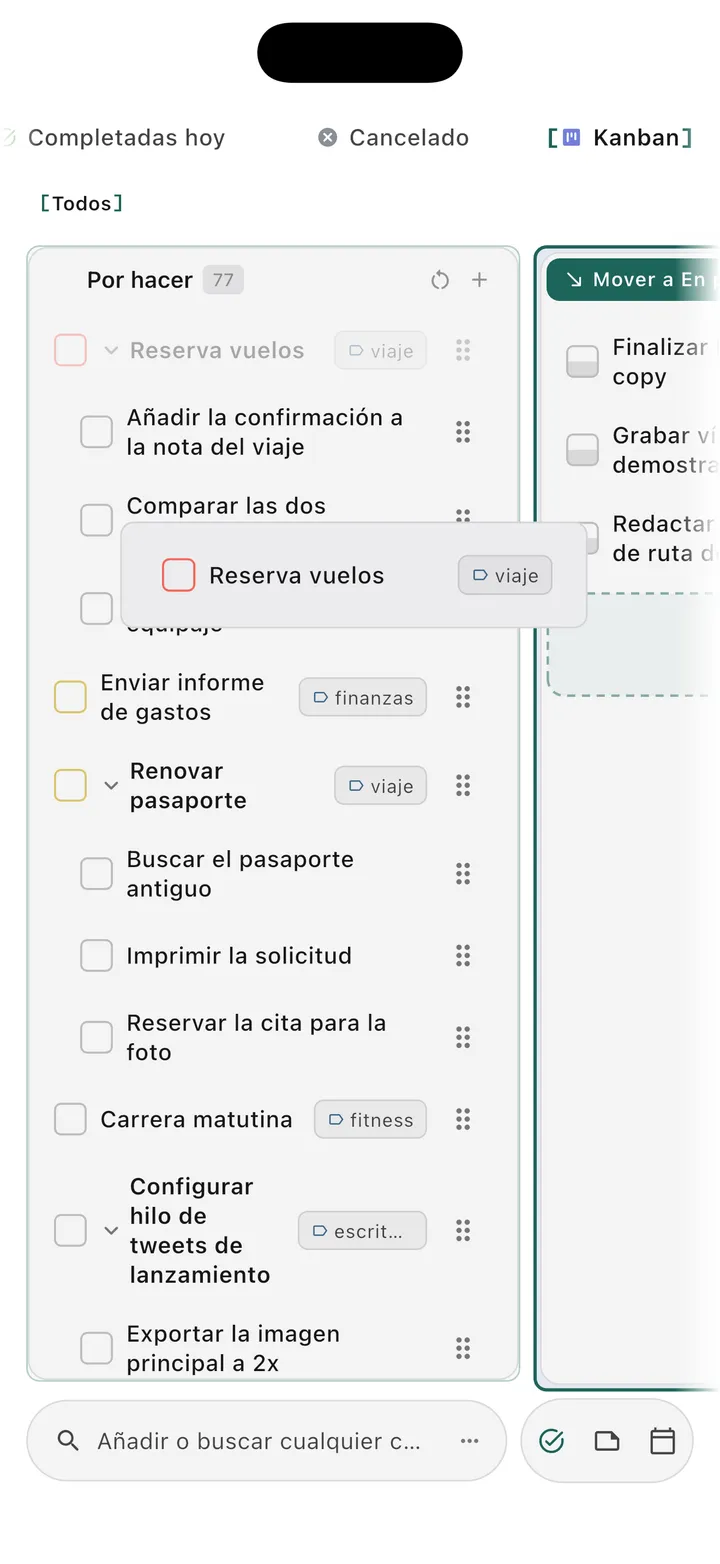 Vista de tablero kanban de TaskForge para iPhone mostrando organización visual de tareas con funcionalidad de arrastrar y soltar y gestión de flujo de trabajo basado en columnas