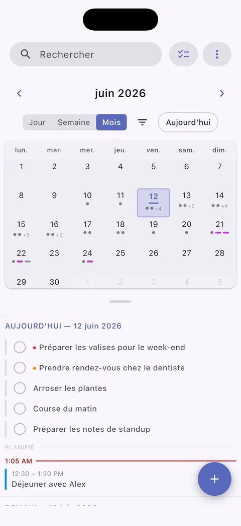 Vue calendrier iPhone TaskForge montrant la planification de tâches, gestion des dates d'échéance et intégration calendrier pour une planification complète
